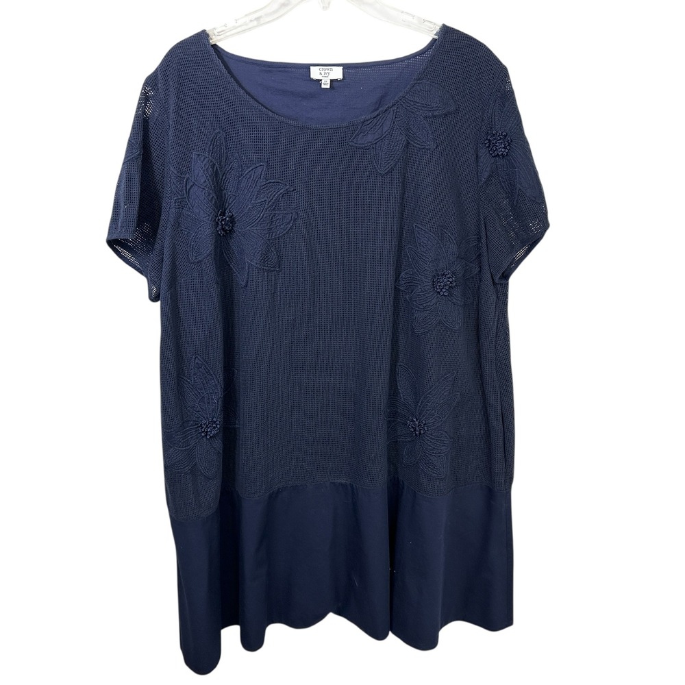 Crown & Ivy Plus Size 3X Dress Shift Navy Blue Mesh Floral Embroidered 1048